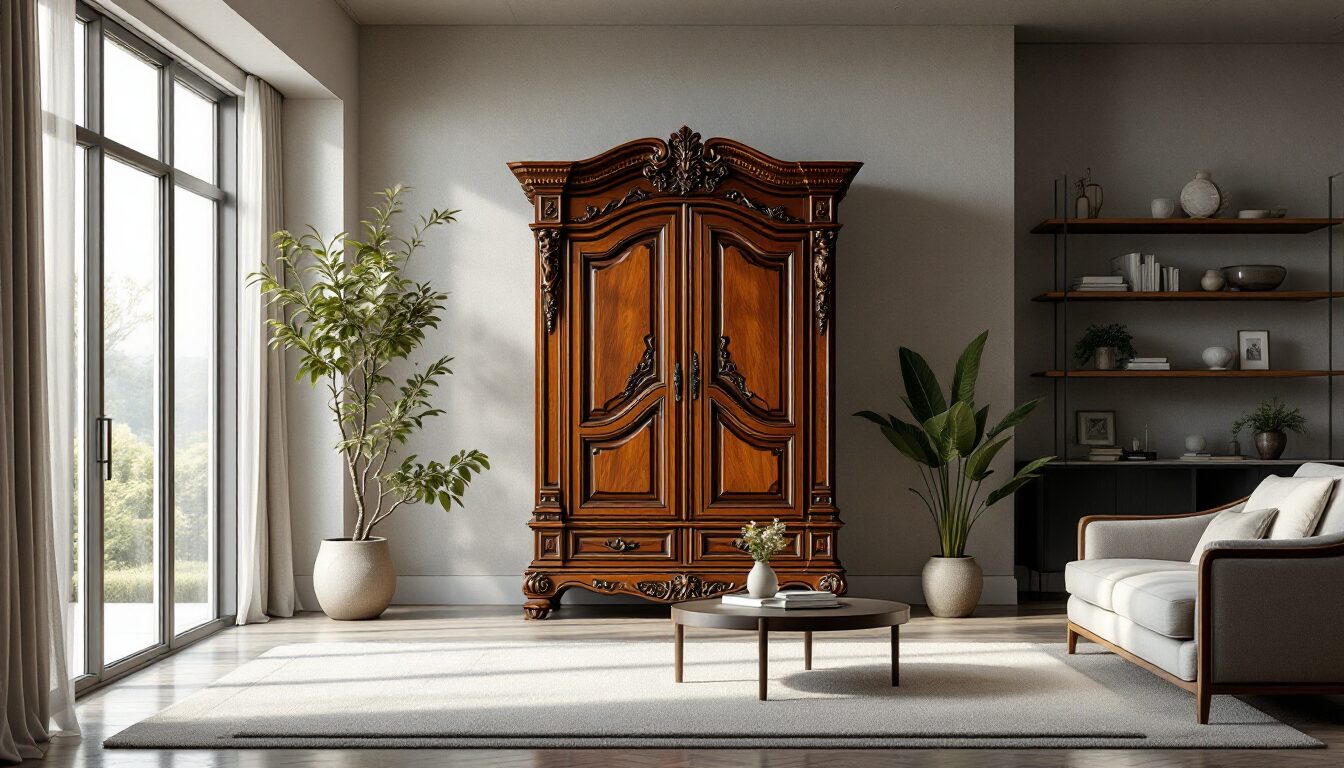 armoire ancienne dans salon moderne