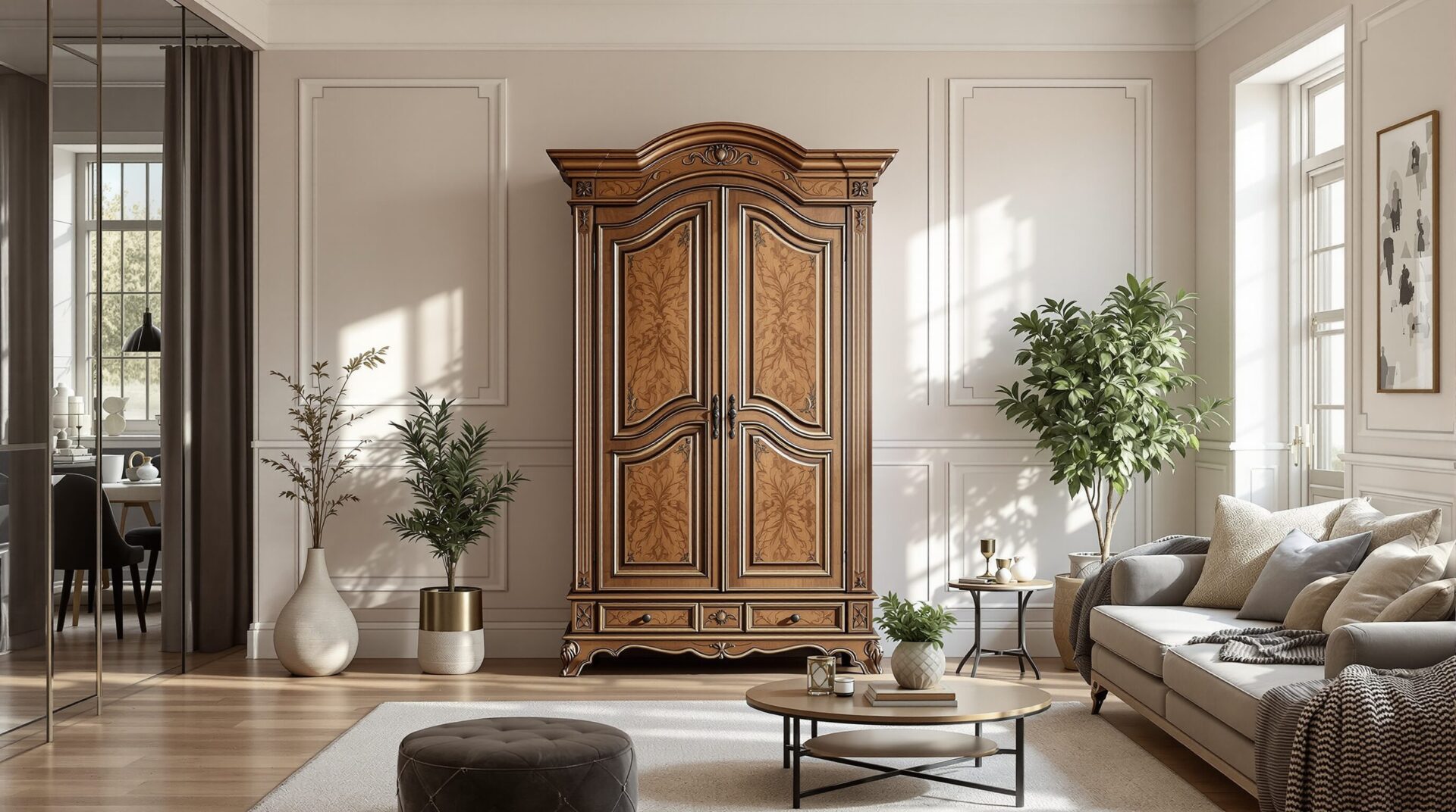 armoire ancienne dans salon moderne