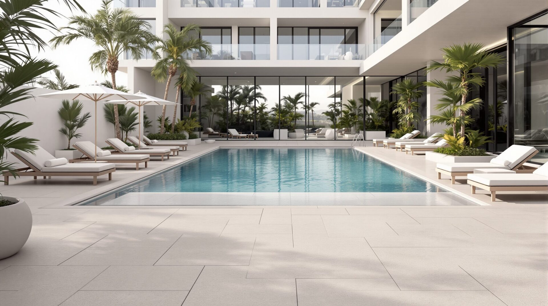 Espaces piscine contemporains : le choix du grès cérame pour hôtels et résidences privées